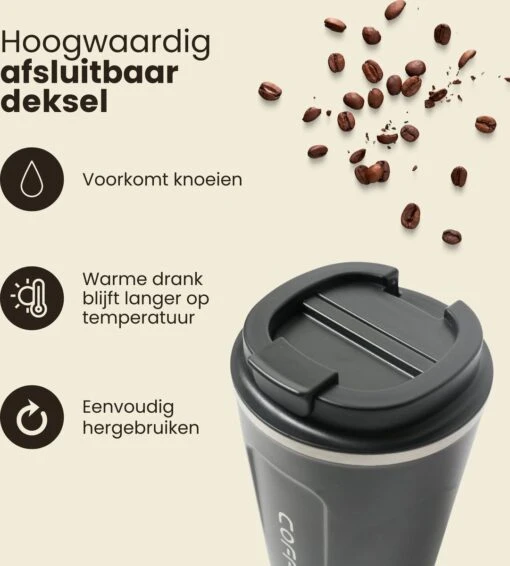 LaCardia Koffiebeker To Go Premium Zwart – Thermosbeker – Theebeker – 380ML – Herbruikbaar -Beste Keuken Serie Winkel