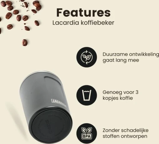 LaCardia Koffiebeker To Go Premium Zwart – Thermosbeker – Theebeker – 380ML – Herbruikbaar -Beste Keuken Serie Winkel